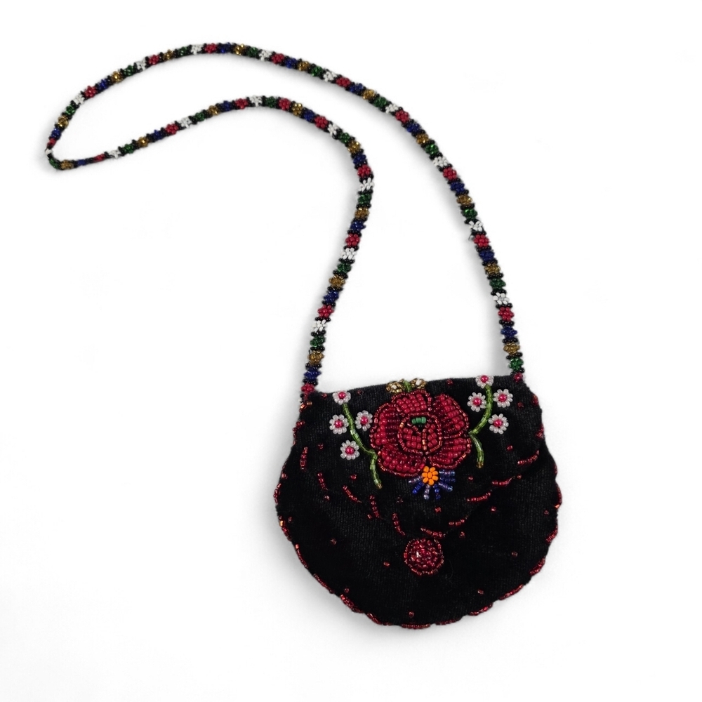 Velvet Beaded Floral Lined Mini Purse Bag Child Dress Up Doll Size 4"x3.5"